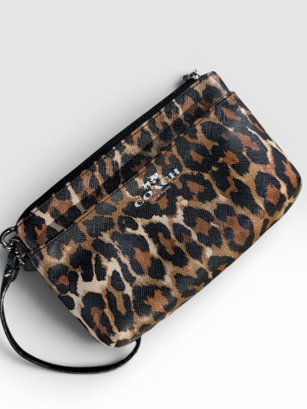 Coach Ocelot Leopard Print Wristlet with Front Pocket - Silver Tone
